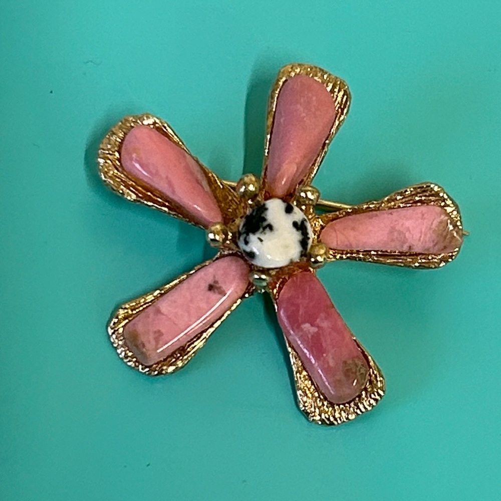 Vintage Pink Rhodonite Petal Flower Dalmatian Jasper Center Brooch
